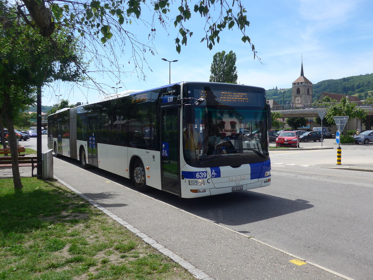 (206'816) - TL Lausanne - Nr. 639/VD 301'961 - MAN am 24. Juni 2019 beim Bahnhof Moudon