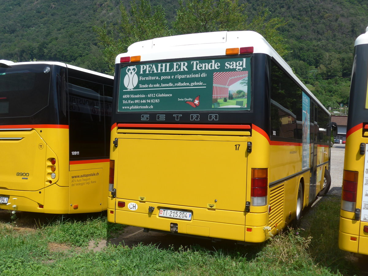 (208'070) - ATV, Rivera - Nr. 17/TI 215'204 - Setra (ex AutoPostale Ticino TI 215'204; ex AutoPostale Ticino Nr. 510; ex AutoPostale Ticino TI 215'204; ex Marchetti, Airolo) am 21. Juli 2019 in Rivera, Garage