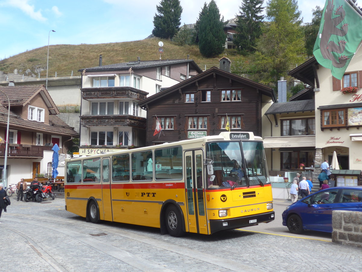 (209'763) - Kolb, Grasswil - Nr. 3/BE 93'915 - Saurer/R&J (ex Schmocker, Stechelberg Nr. 3; ex Schmocker, Stechelberg Nr. 1; ex Gertsch, Stechelberg Nr. 1) am 22. September 2019 in Andermatt, Gotthardstrasse