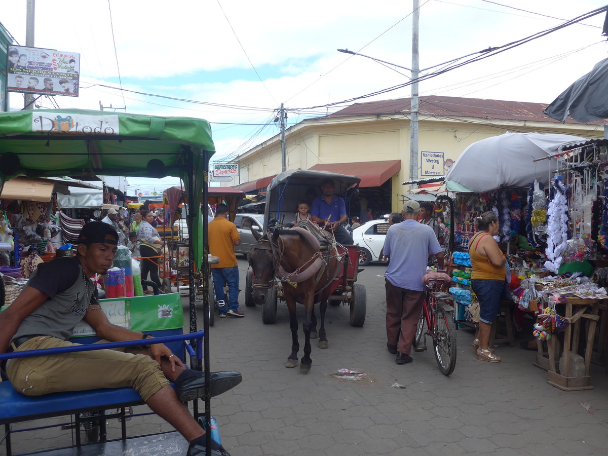 (211'987) - Dreirad, Pferdefuhrwerk und Velo am Markt am 22. November 2019 in Rivas