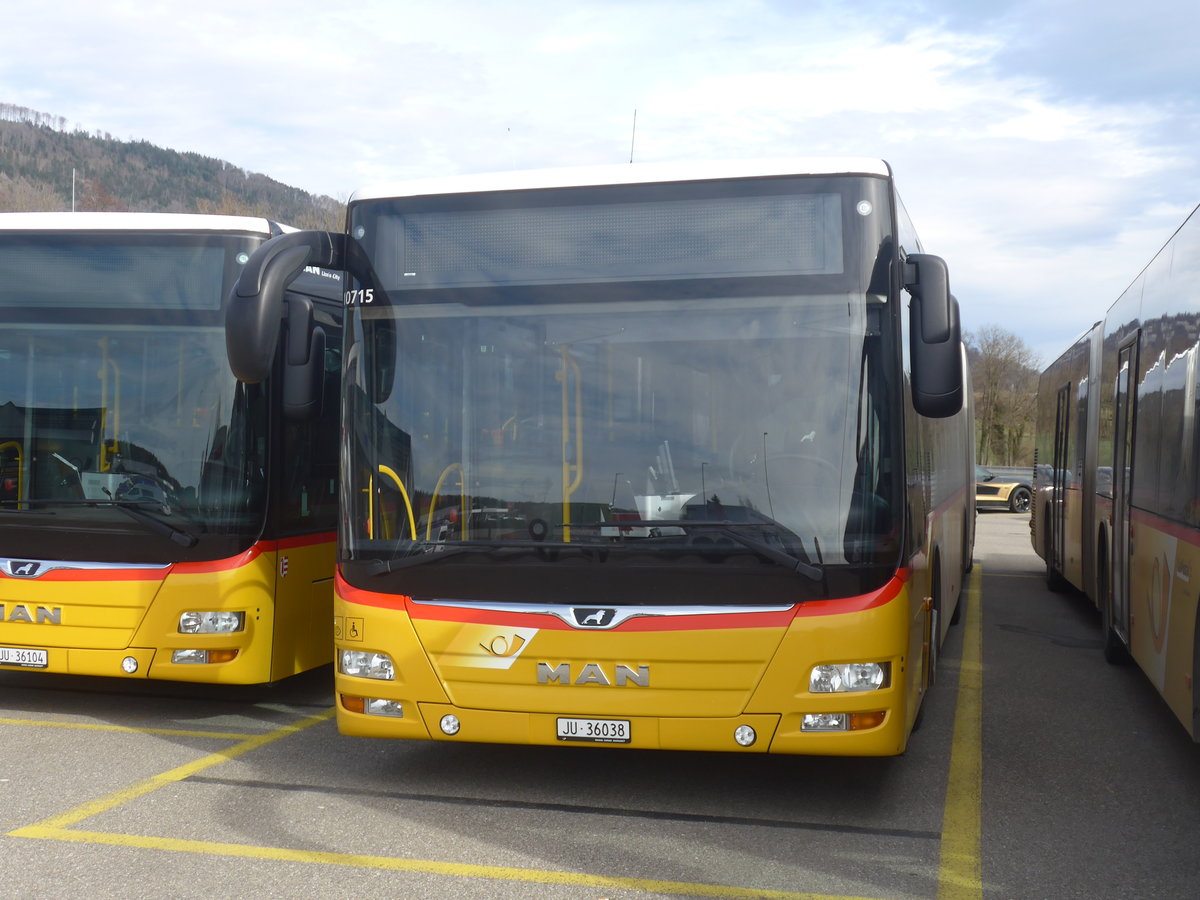 (214'266) - CarPostal Ouest - JU 36'038 - MAN am 16. Februar 2020 in Develier, Parkplatz