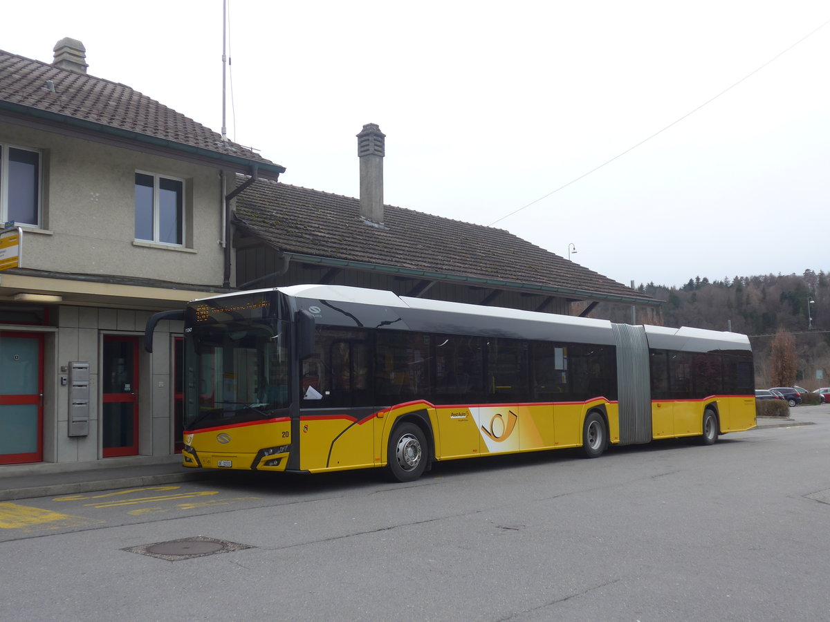 (215'027) - Steiner, Ortschwaben - Nr. 20/BE 32'333 - Solaris am 2. Mrz 2020 beim Bahnhof Laupen