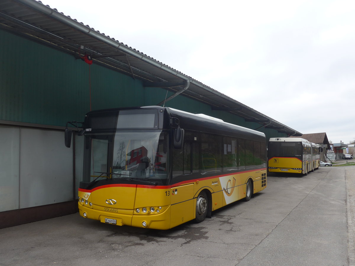 (215'382) - PostAuto Bern - Nr. 13/BE 668'920 - Solaris (ex Klopfstein, Laupen Nr. 13) am 22. Mrz 2020 in Laupen, Garage