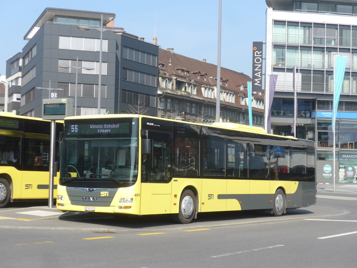 (215'640) - STI Thun - Nr. 401/BE 849'401 - MAN am 28. Mrz 2020 beim Bahnhof Thun