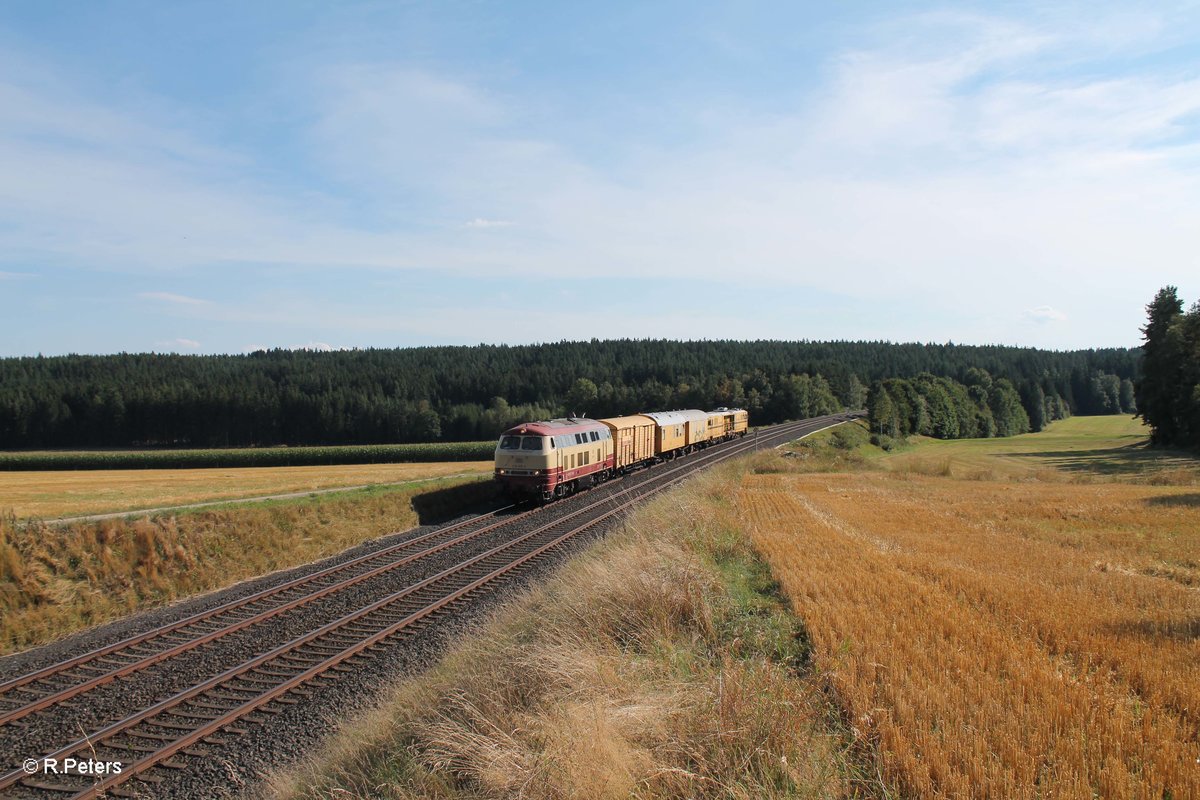 218 105 überführt eine Stopfmaschine und Bauwagen bei Neudes gen Hof. 28.08.16