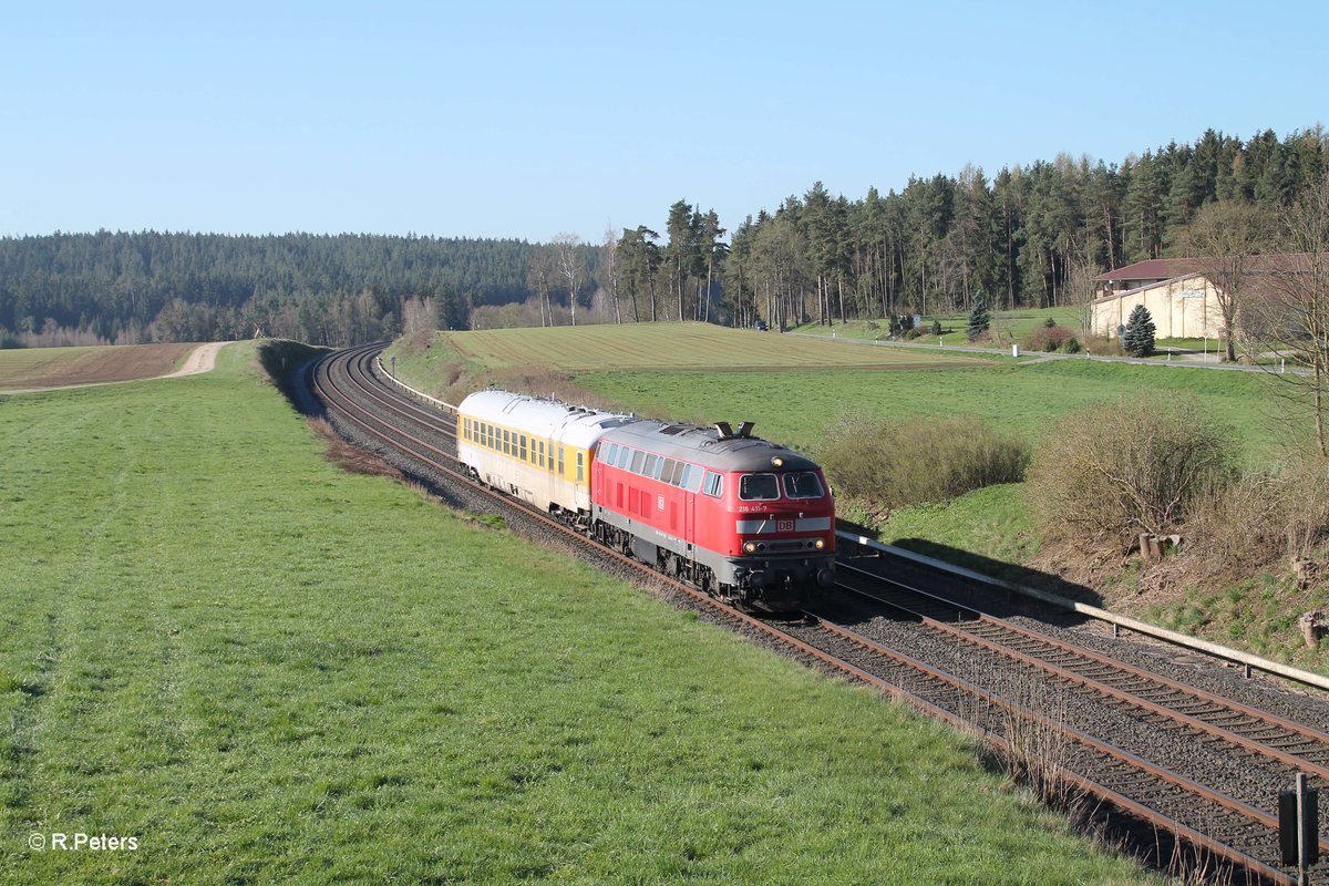 218 411-7 zieht einen Messzug von Marktredwitz bis Hof bei Neudes. 21.04.16