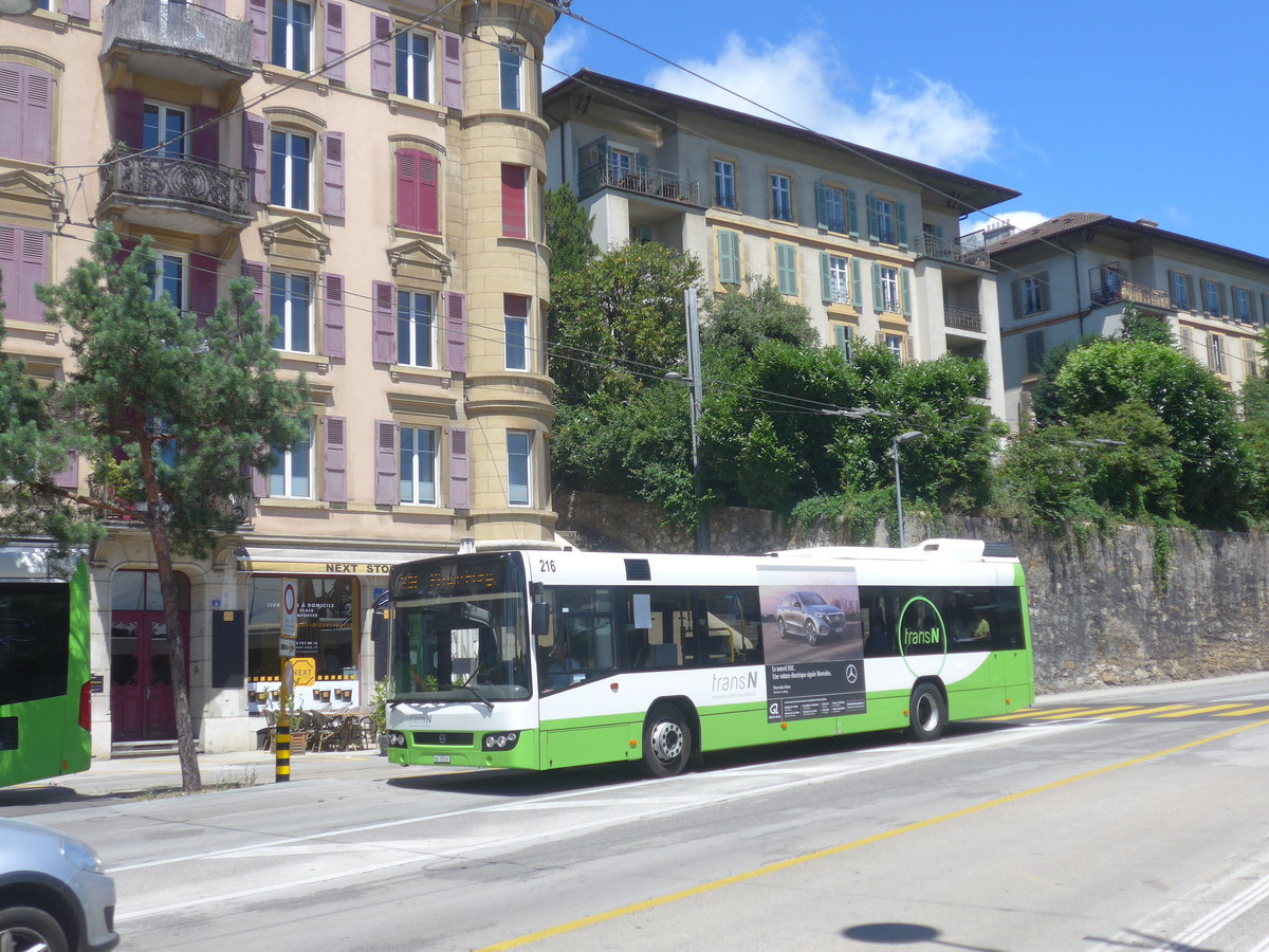 (218'535) - transN, La Chaux-de-Fonds - Nr. 216/NE 93'216 - Volvo (ex TN Neuchtel Nr. 216) am 6. Juli 2020 beim Bahnhof Neuchtel