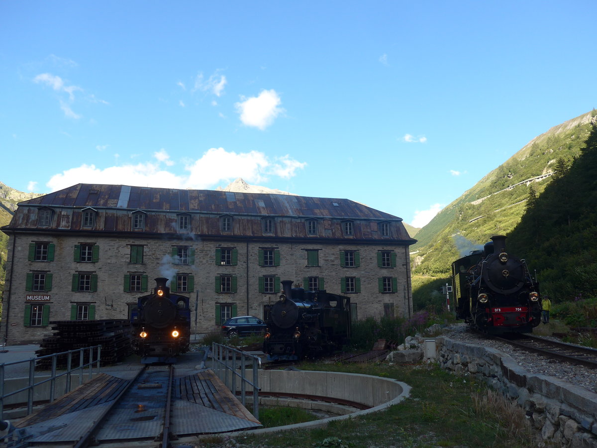 (220'014) - DFB-Dampflokomotiven - Nr. 1, 9 + 704 - am 22. August 2020 in Gletsch