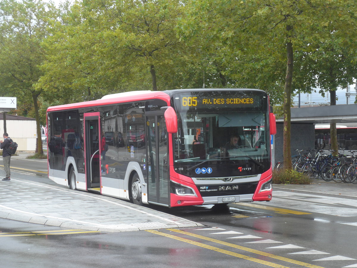 (220'279) - TRAVYS Yverdon - Nr. 119/VD 289'246 - MAN am 30. August 2020 beim Bahnhof Yverdon