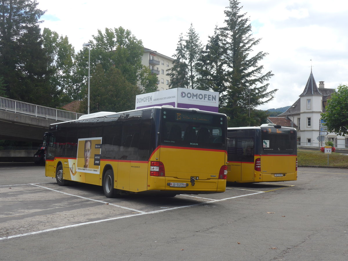 (220'376) - CarPostal Ouest - JU 51'279 - MAN (ex Nr. 13) am 31. August 2020 beim Bahnhof Porrentruy