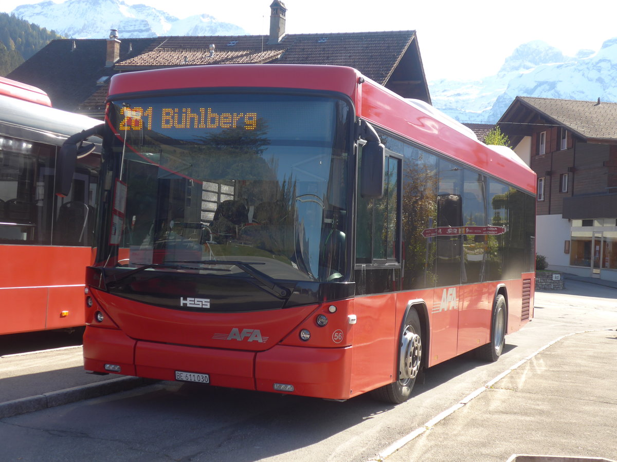 (222'093) - AFA Adelboden - Nr. 56/BE 611'030 - Scania/Hess am 19. Oktober 2020 beim Bahnhof Lenk