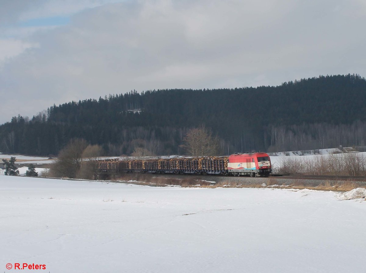 223 031 zieht bei Lengenfeld den Holzzug Schirnding - Deggendorf. 17.02.17