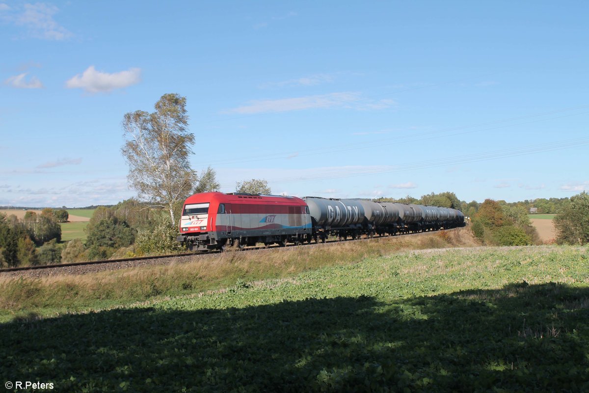 223 031 zieht ein leeren Kesselzug aus Cheb nach Regensburg beim Röslau Viadukt bei Seußen. 04.10.20