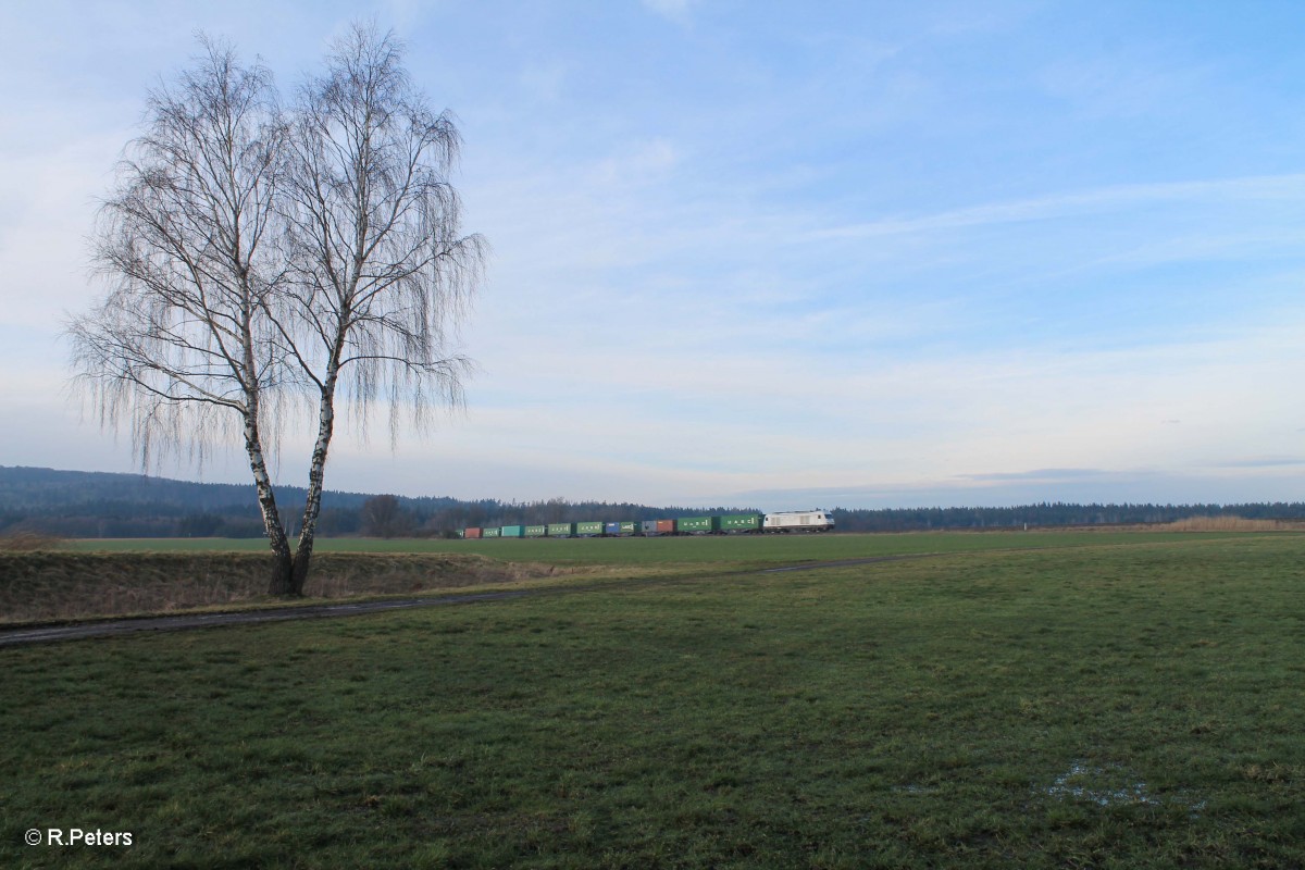 223 143 zieht bei Oberteich den Containerzug Hamburg - Wiesau. 07.02.16