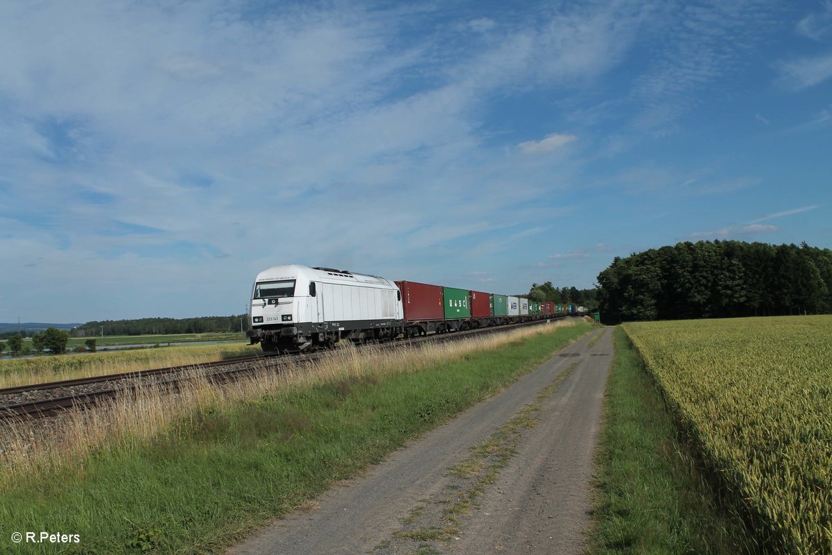 223 143 zieht bei Oberteich den Wiesau Containerzug nach Hamburg. 07.07.16