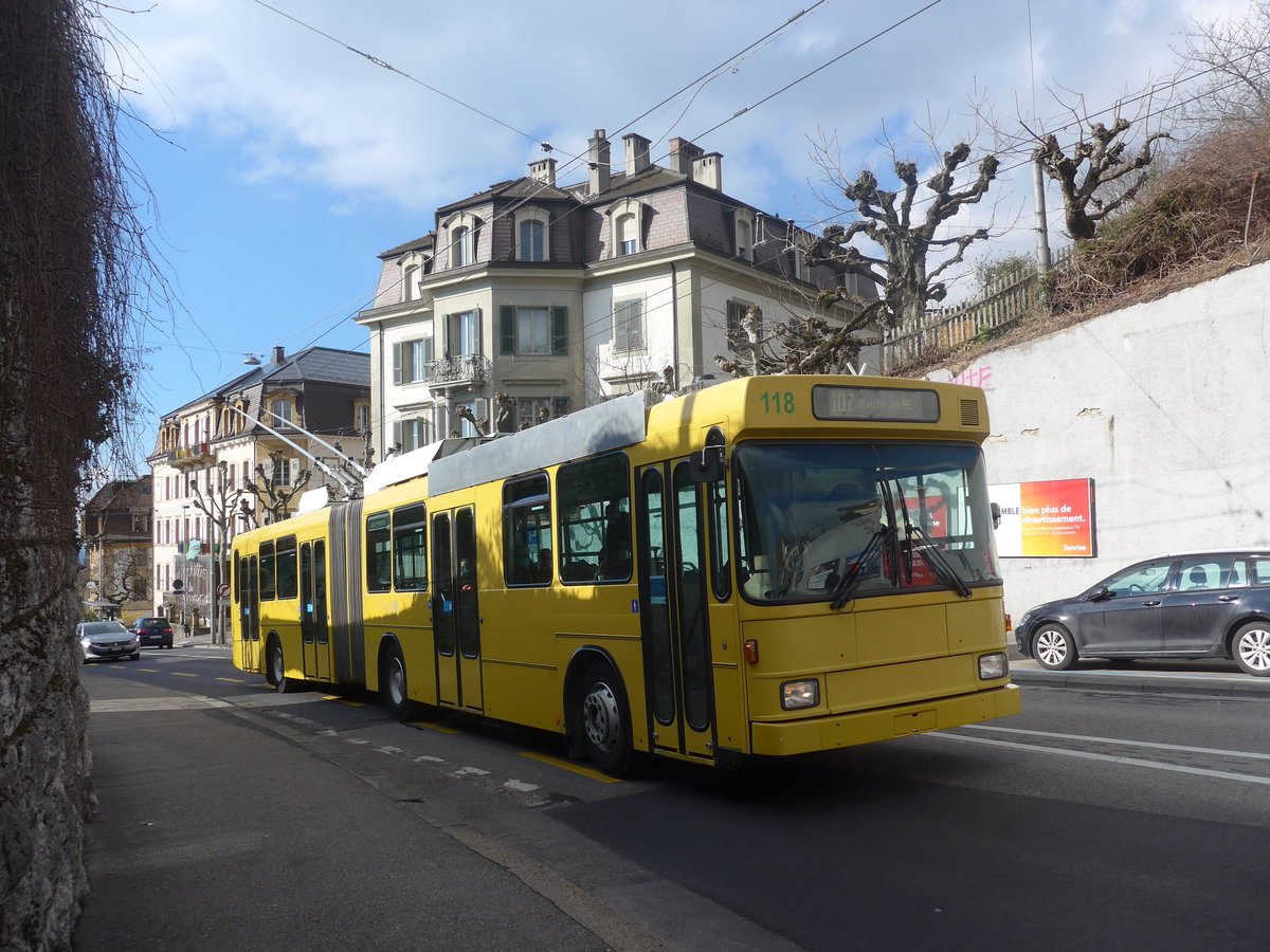 (224'241) - transN, La Chaux-de-Fonds - Nr. 118 - NAW/Hess (ex TN Neuchtel Nr. 118) am 20. Mrz 2021 in Neuchtel, Avenue de la Gare