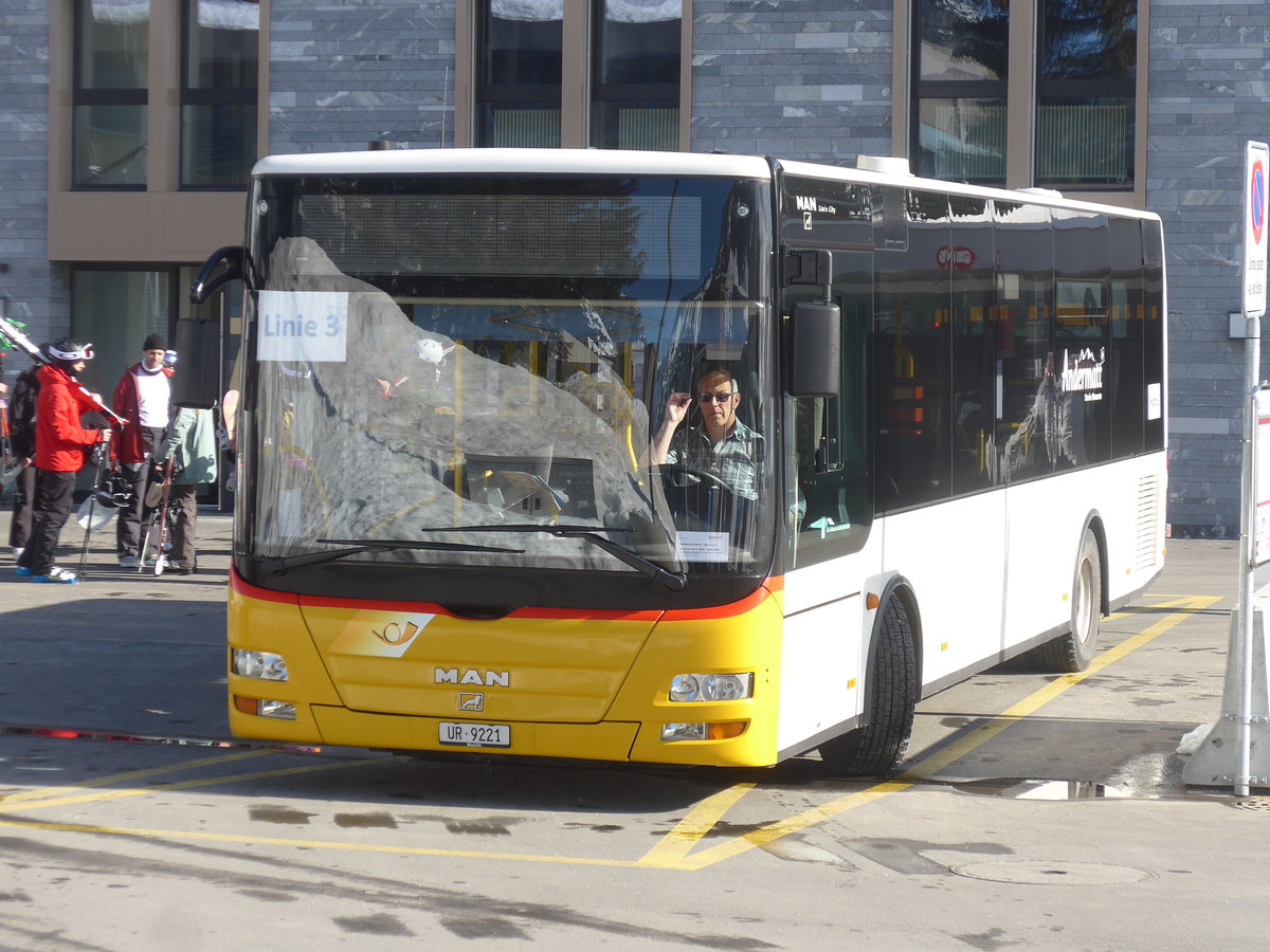 (224'551) - Mattli, Wassen - UR 9221 - MAN/Gppel (ex Lengacher, Wichtrach Nr. 6) am 28. Mrz 2021 in Andermatt, Bahnhofplatz