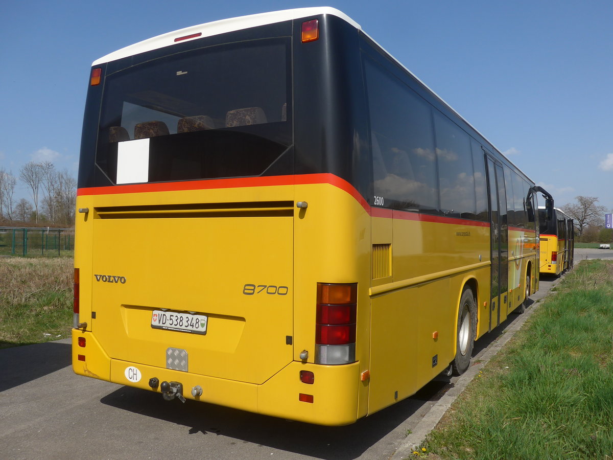 (224'763) - CarPostal Ouest - VD 538'348 - Volvo (ex Rossier, Lussy; ex CarPostal Ouest) am 2. April 2021 in Avenches, Garage