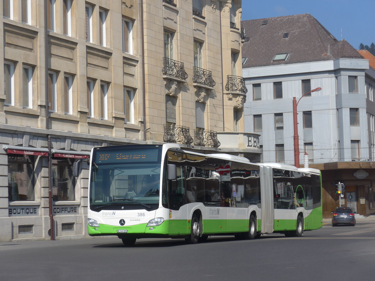 (225'040) - transN, La Chaux-de-Fonds - Nr. 386/NE 146'386 - Mercedes am 17. April 2021 beim Bahnhof La Chaux-de-Fonds