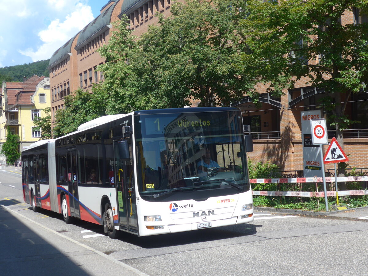 (226'611) - RVBW Wettingen - Nr. 163/AG 18'019 - MAN am 19. Juli 2021 beim Bahnhof Baden