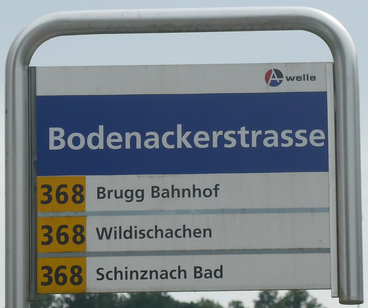 (227'175) - A-welle/PostAuto-Haltestellenschild - Brugg, Bodenackerstrasse - am 9. August 2021