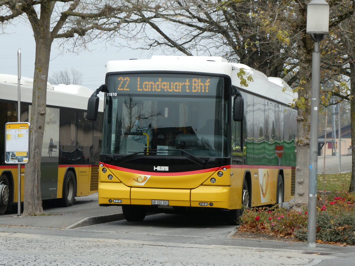 (230'546) - Gessinger, Bad Ragaz - GR 102'392 - Scania/Hess am 12. November 2021 beim Bahnhof Bad Ragaz