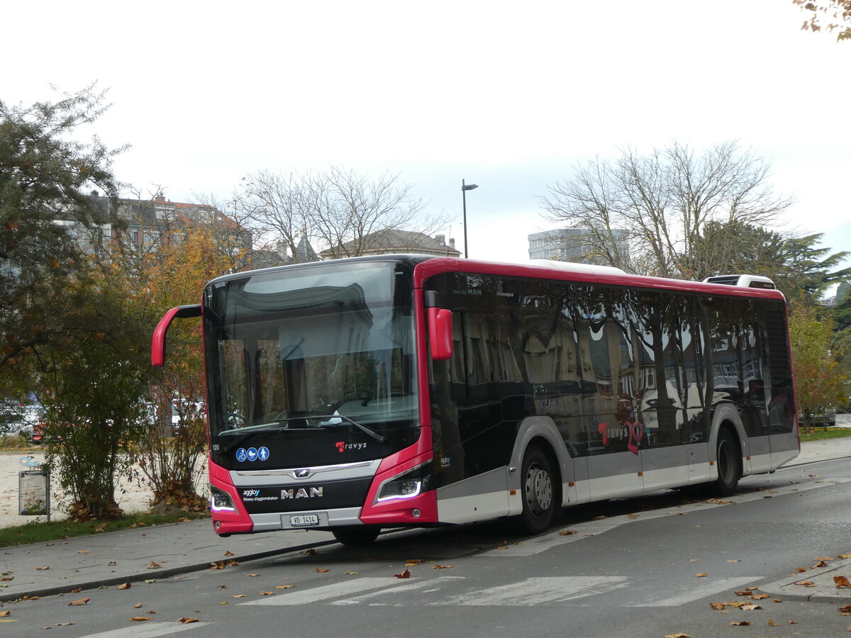 (230'685) - TRAVYS Yverdon - Nr. 120/VD 1414 - MAN am 13. November 2021 beim Bahnhof Yverdon