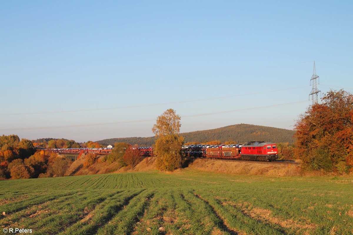 232 571 zieht den GA 49322 Skoda-Autozug beim Seußener Viadukt gen Marktredwitz. 12.10.18