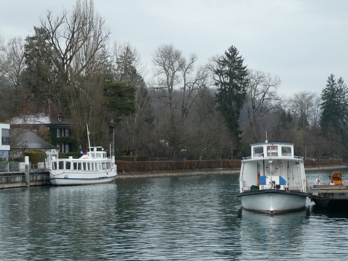 (232'159) - Motorschiffe Oberhofen und Niesen am 20. Januar 2022 an der Schifflndte Thun