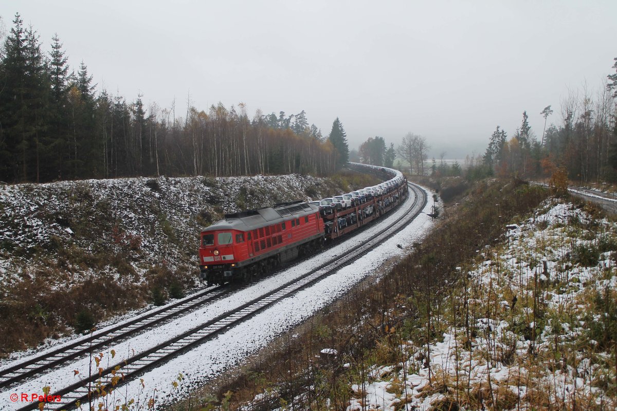 233 510-7 zieht den Elbtal-Umleiter GA52324 Skoda Autozug nach Osnabrück kurz vor Wiesau/Oberpfalz. 11.11.16