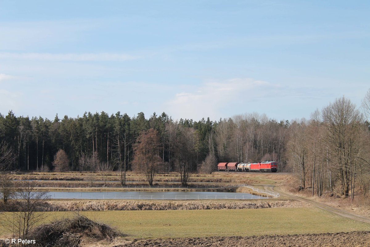 233 698 zieht den EZ 51716 Nrnberg - Senftenberg samt E-Lok kurz vor Wiesau/Oberpfalz und hat den Wald passiert. 03.04.18