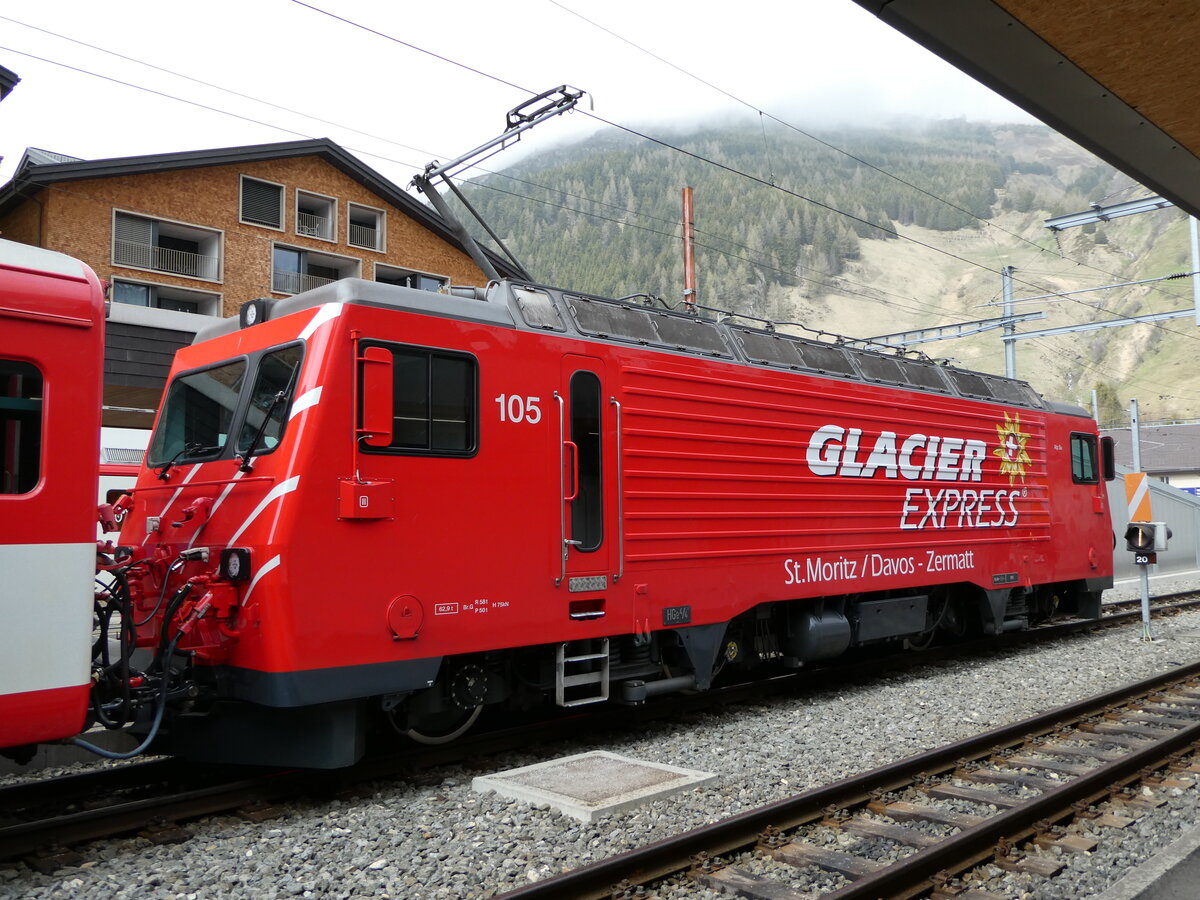 (235'504) - MGB-Lokomotive - Nr. 105 - am 8. Mai 2022 im Bahnhof Andermatt