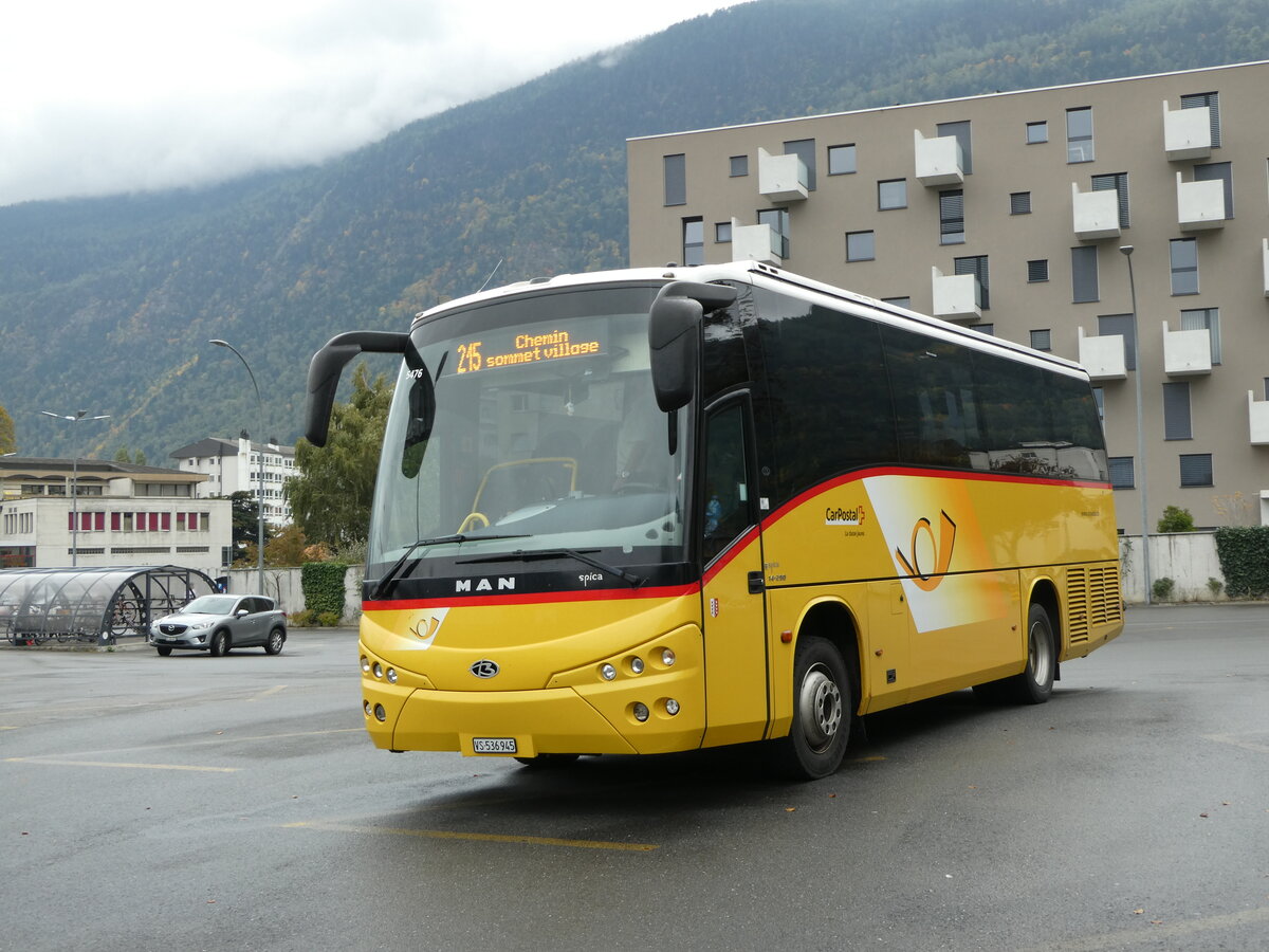 (240'704) - PostAuto Wallis - Nr. 47/VS 536'945 - MAN/Beulas (ex TMR Martigny Nr. 126) am 8. Oktober 2022 beim Bahnhof Martigny