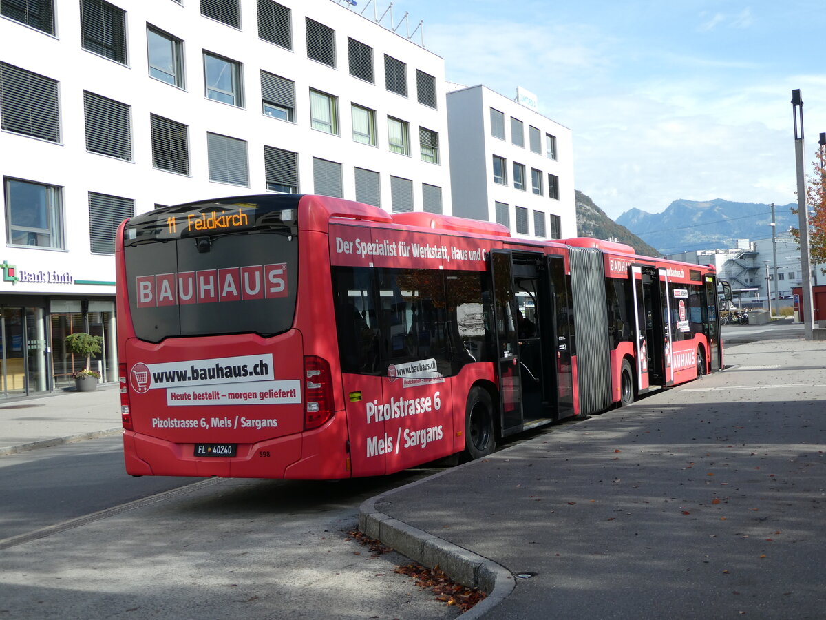 (240'909) - Aus Liechtenstein: BOS PS Anstalt, Vaduz - Nr. 598/FL 40'240 - Mercedes (ex PLA Vaduz Nr. 58; ex PLA Vaduz Nr. 56) am 11. Oktober 2022 beim Bahnhof Sargans