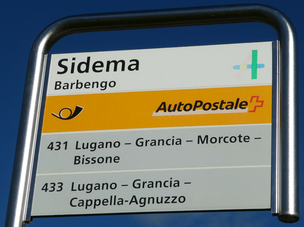 (242'814) - PostAuto-Haltestellenschild - Barbengo, Sidema - am 16. November 2022