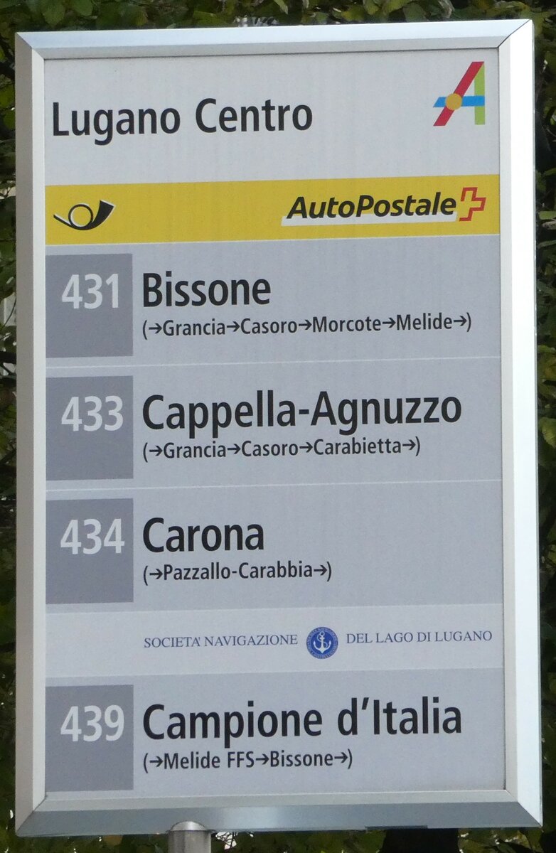 (242'837) - PostAuto/SOCIET NAVIGAZIONE DEL LAGO DI LUGANO-Haltestellenschild - Lugano, Centro - am 16. November 2022