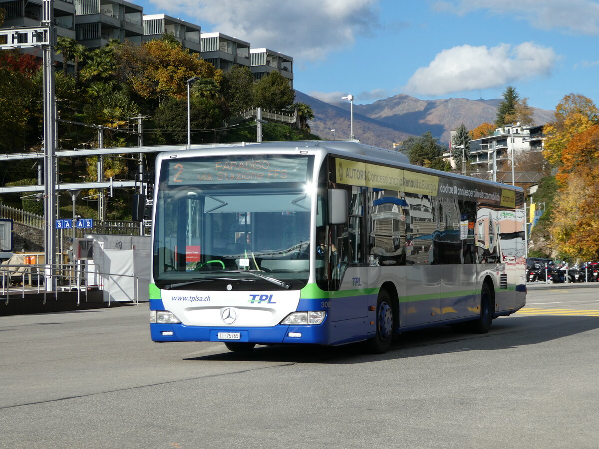 (242'906) - TPL Lugano - Nr. 308/TI 75'765 - Mercedes am 17. November 2022 beim Bahnhof Lugano