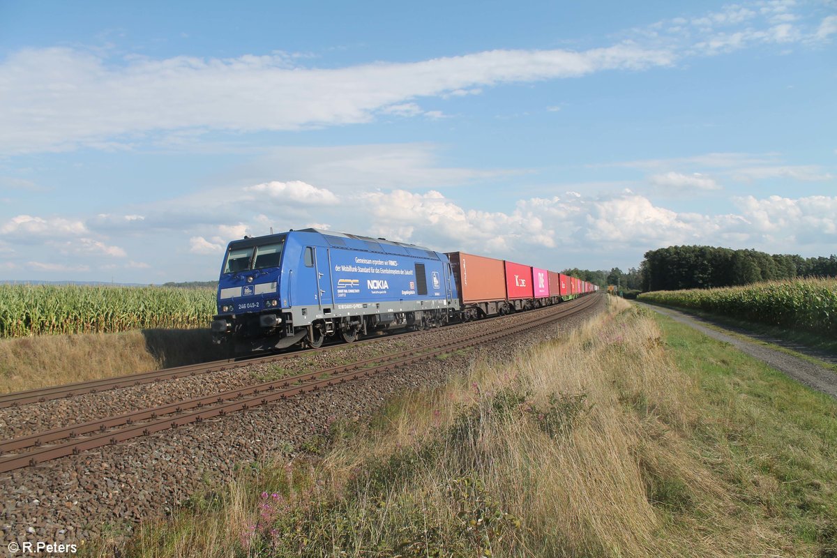 246 049 der Press mit dem SETG Wiesau Containerzug Wiesau - Hof - Hamburg bei Oberteich. 05.09.20