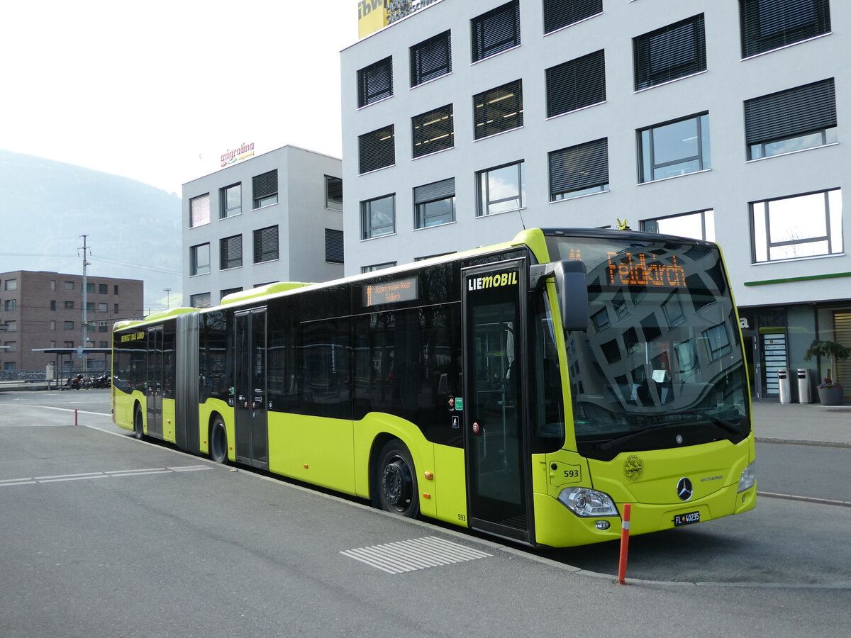 (246'510) - Aus Liechtenstein: BOS PS Anstalt, Vaduz - Nr. 593/FL 40'235 - Mercedes (ex PLA Vaduz Nr. 59/PID 10'592) am 24. Februar 2023 beim Bahnhof Sargans