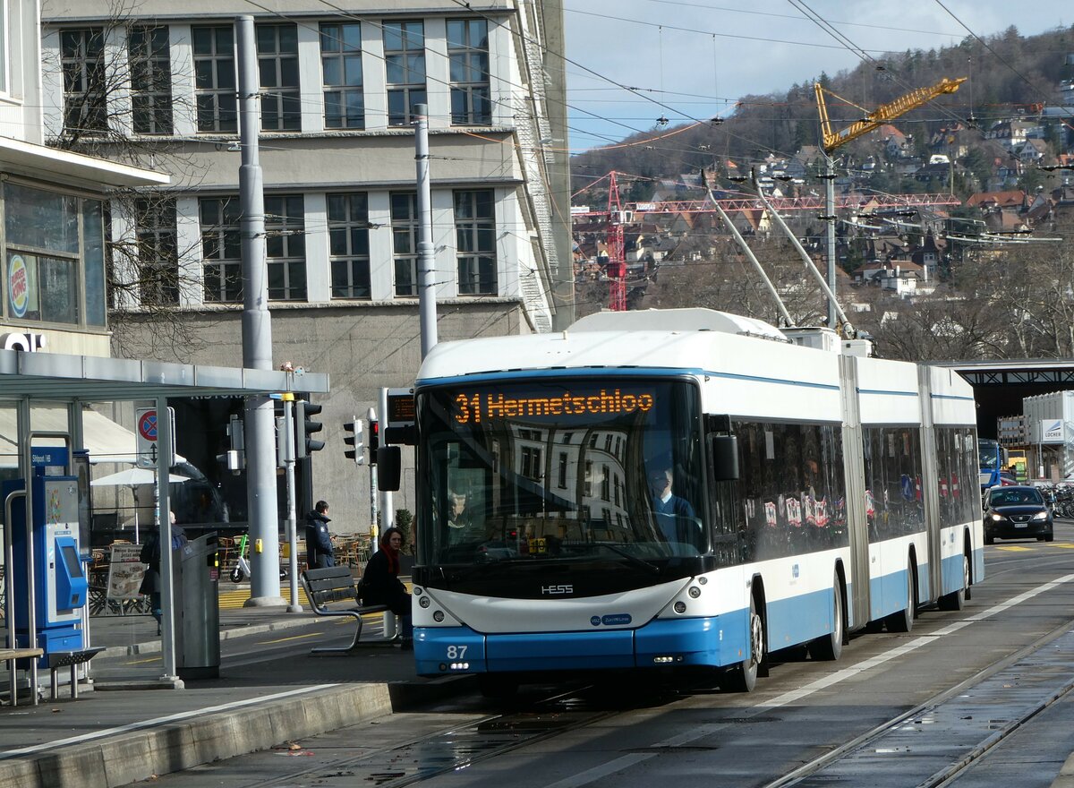 (246'979) - VBZ Zürich - Nr. 87 - Hess/Hess Doppelgelenktrolleybus am 9. März 2023 in Zürich, Sihlpost/HB