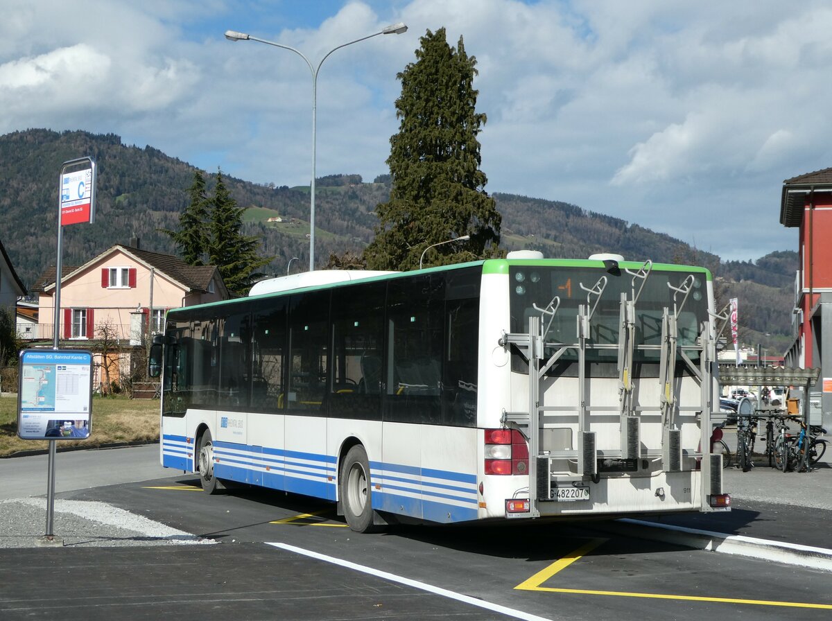 (247'050) - RTB Altstätten - Nr. 911/SG 482'207 - MAN (ex PostBus/A BD 15'342) am 9. März 2023 beim Bahnhof Altstätten