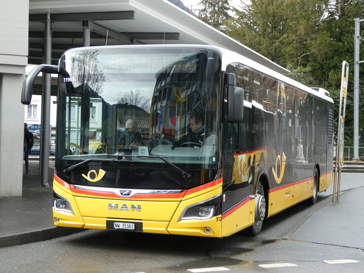 (247'068) - PostAuto Zentralschweiz - Nr. 512/NW 25'361/PID 11'905 - MAN am 10. März 2023 beim Bahnhof Stans