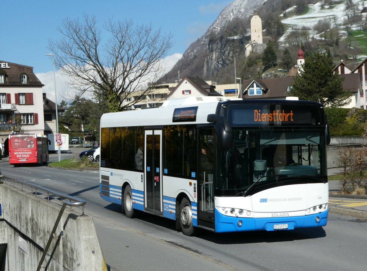 (247'766) - BSW Sargans - Nr. 326/SG 248'734 - Solaris am 28. Mrz 2023 beim Bahnhof Sargans