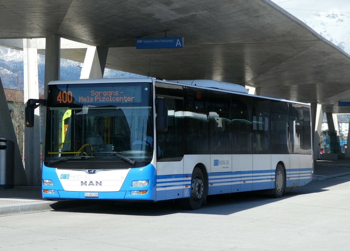 (247'784) - RTB Altsttten - Nr. 95/SG 482'228 - MAN (ex PostBus/A BD 15'346) am 28. Mrz 2023 beim Bahnhof Buchs