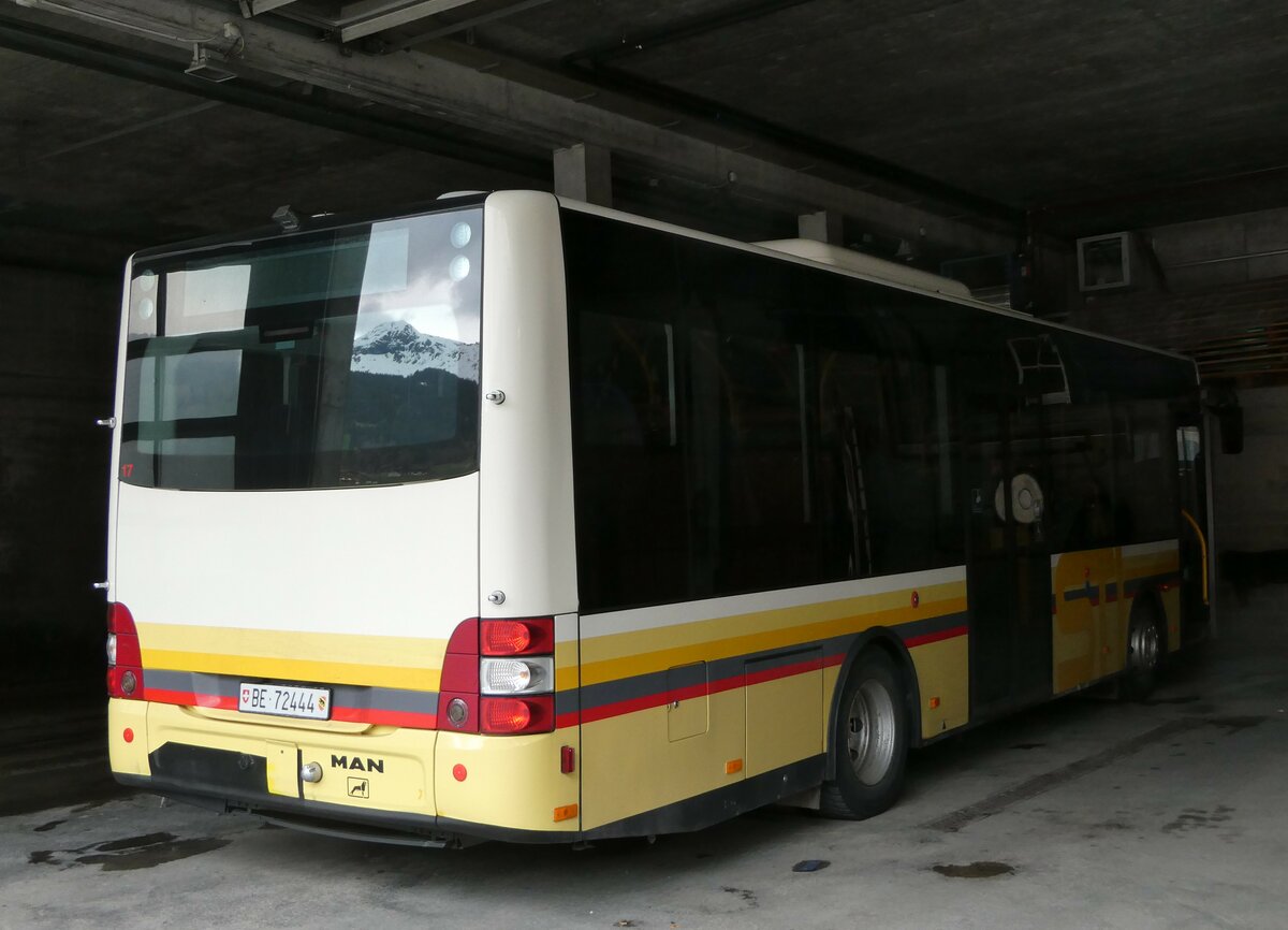 (249'192) - Grindelwaldbus, Grindelwald - Nr. 17/BE 72'444 - MAN/Gppel (ex STI Thun Nr. 133) am 28. April 2023 in Grindelwald, Garage