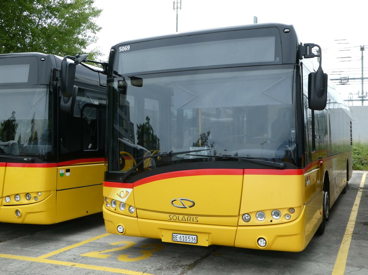 (250'173) - PostAuto Bern - BE 610'536/PID 5069 - Solaris am 18. Mai 2023 in Yverdon, Garage