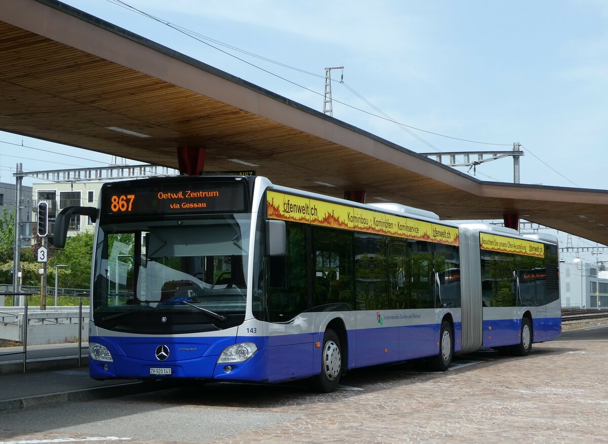 (250'331) - VZO Grningen - Nr. 143/ZH 920'143 - Mercedes am 21. Mai 2023 beim Bahnhof Wetzikon