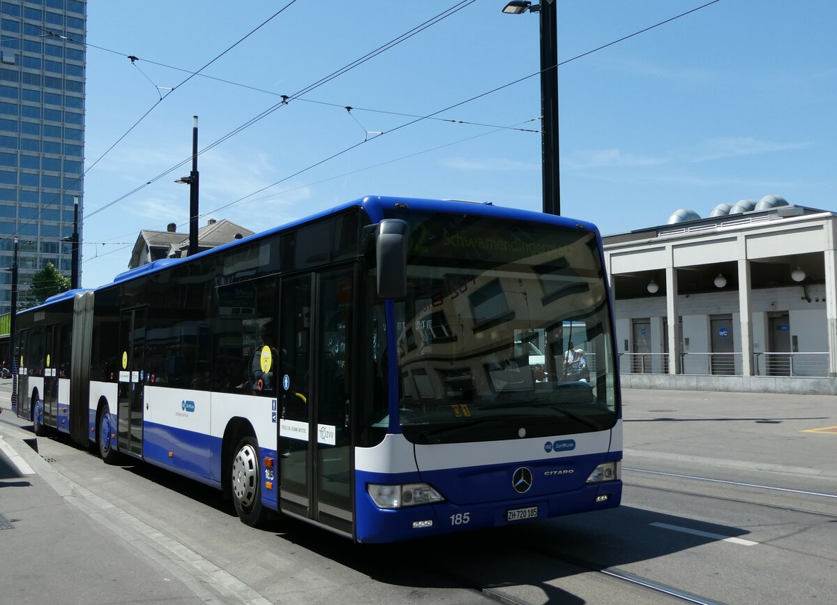 (251'468) - VBZ Zrich - Nr. 185/ZH 720'185 - Mercedes (ex VZO Grningen Nr. 102) am 13. Juni 2023 beim Bahnhof Zrich Oerlikon