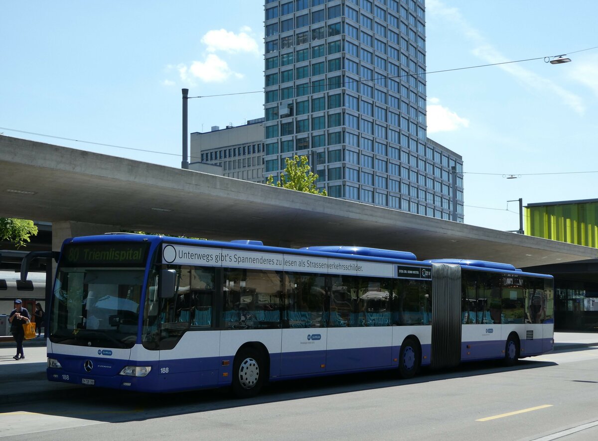 (251'482) - VBZ Zrich - Nr. 188/ZH 728'188 - Mercedes (ex VZO Grningen Nr. 110) am 13. Juni 2023 beim Bahnhof Zrich Oerlikon