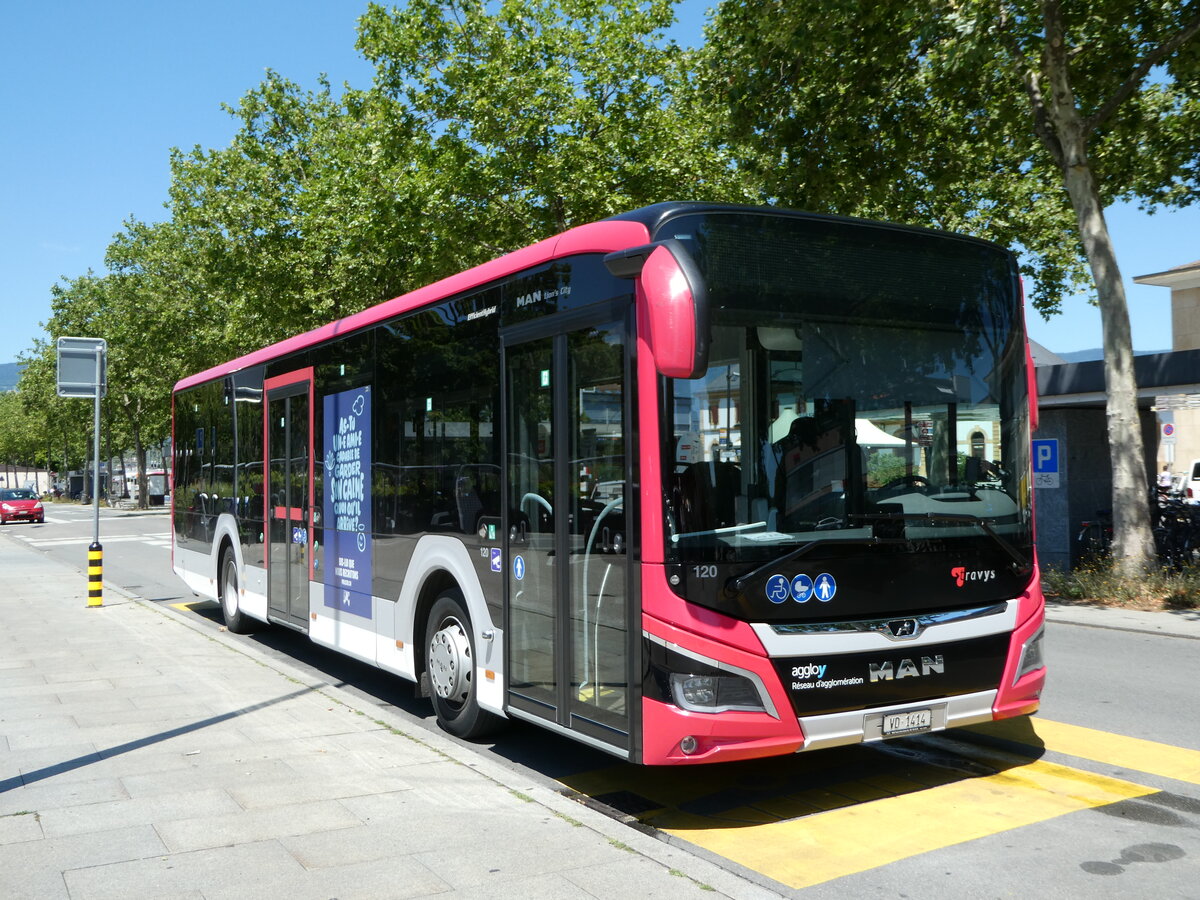 (252'499) - TRAVYS Yverdon - Nr. 120/VD 1414 - MAN am 8. Juli 2023 beim Bahnhof Yverdon